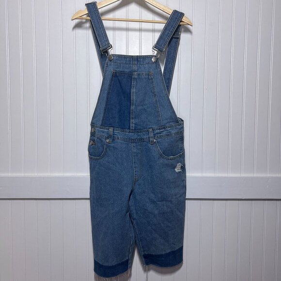 Boohoo Blue Denim Bib Overalls Women's Distressed Jean Shorts Romper Y2K Style - Picture 1 of 9